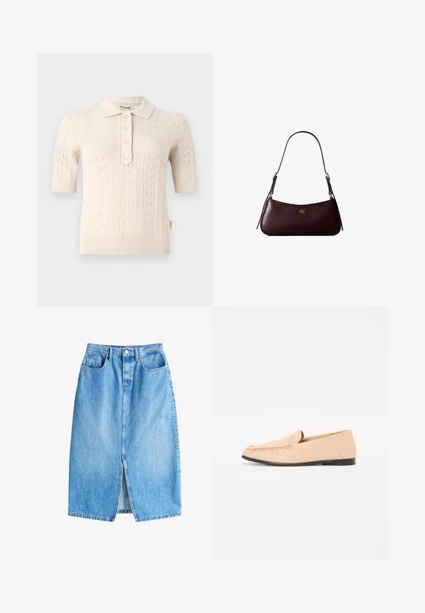 Polo à manches courtes, couleur crème, avec une texture tricotée, un motif en câble et une patte de boutonnage à trois boutons. Détails en col et ourlet côtelés, doux.; Jupe en denim bleu clair avec une fente avant, cinq poches et une fermeture à bouton. Présente une coupe droite classique et un ourlet effiloché.; Mocassins en cuir beige avec des détails brodés, une semelle noire plate et un bout arrondi. Design minimaliste sans quincaillerie ou accents visibles.; Sac à main en cuir bordeaux foncé avec une fine sangle d'épaule noire et un petit logo doré "cK" au centre devant.