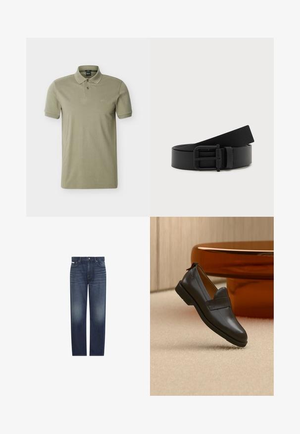 Polo pour homme vert olive à manches courtes avec patte à deux boutons et logo "BOSS" brodé sur la poitrine.; Jean bleu foncé à coupe droite avec un léger délavage sur les cuisses et des plis près des poches avant, avec bouton frontal et passants de ceinture.; Mocassin en cuir noir à talon bas flottant au-dessus d'un tapis beige, à côté d'une table brillante couleur ambre dans une pièce minimaliste.; Ceinture en cuir noir enroulée avec une boucle en métal noir mat sur fond blanc.