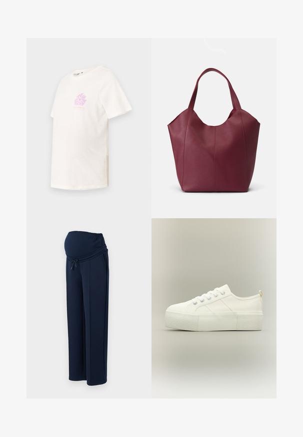 T-shirt à manches courtes, col rond en coton blanc cassé, présentant un motif floral pastel rose sur la poitrine et une coupe décontractée.; Pantalons de maternité navy en tissu doux, dotés d'une taille élastique et d'un cordon de serrage réglable, avec deux poches latérales pour plus de commodité.; Baskets à plateforme blanches avec semelle épaisse texturée, lacets à l'avant et détails discrets de couture sur un fond neutre.; Sac fourre-tout en cuir bordeaux avec deux poignées robustes, présentant une texture lisse et un design effilé avec des détails de couture à l'avant.