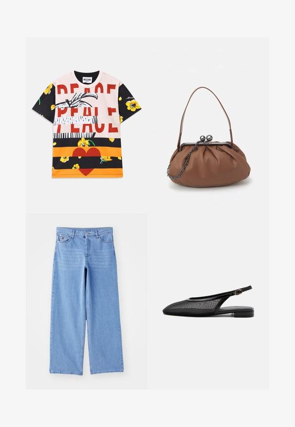 Baumwoll-T-Shirt mit einer grafischen Mischung aus floralen Mustern, dem kräftigen Text "PEACE" in Rot und gestreiften Abschnitten in Schwarz, Orange und Creme.; Hellblaue weit geschnittene Jeans aus Denim, mit einem klassischen Fünf-Taschen-Design und einem Knopfverschluss. Glatte Textur, ausgefranster Saum.; Schwarzer Slingback-Flachschuh mit spitzer Kappe, Mesh-Obermaterial, verstellbarem Schnallenriemen und niedrigem Blockabsatz auf weißem Hintergrund.; Braune Leder-Handtasche mit gerafftem Design, einem kurzen Ledergriff und einem Kettenriemen. Sie verfügt über einen silbernen Metallverschluss mit zwei runden Akzenten.