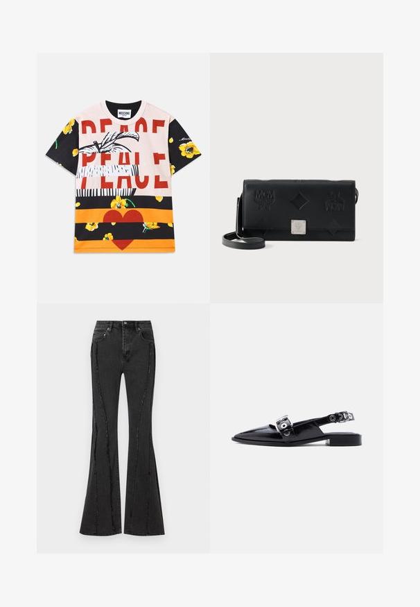 Bomulds T-shirt med et grafisk mix af blomster mønstre, fed "PEACE" tekst i rødt, og stribede sektioner i sort, orange og creme.; Udvidede sorte denimjeans med slidte detaljer og synlige syninger. Har fem lommer og en knaplukning i taljen.; Sort laklæder flat sko med spids tå, dobbelte sølvspænder og slingback-hæl på hvid baggrund.; Sort læderrektangulær crossbody-taske med præget logo og diamantmønstre, med en sølvmetal logo-plade på frontklappen.