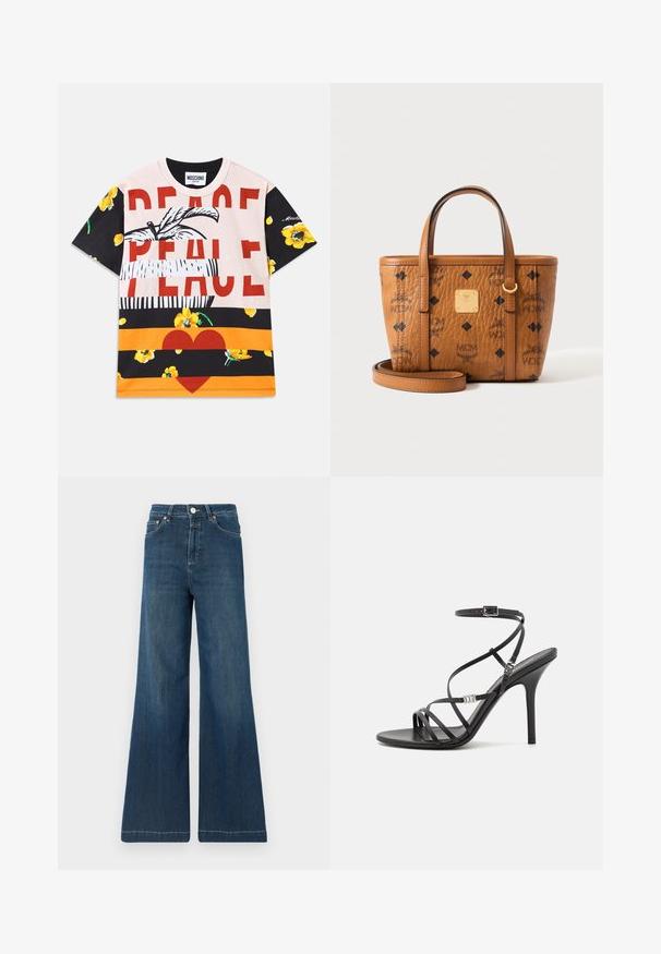 Baumwoll-T-Shirt mit einer grafischen Mischung aus floralen Mustern, dem kräftigen Text "PEACE" in Rot und gestreiften Abschnitten in Schwarz, Orange und Creme.; Weit geschnittene Jeans aus dunkelblauem Denim, mit hoher Taille, kupferfarbenen Details und subtilen Verwaschungen. Sauberer Saum ohne zusätzliche Muster.; Schwarze High-Heel-Sandale mit dünnen Riemen, einem Knöchelverschluss, einer glatten Lederoberfläche und einem schlanken Stiletto-Absatz.; Braune Lederhandtasche von MCM mit schwarzem Logomuster, zwei Griffen, einem abnehmbaren Riemen und einer kleinen goldfarbenen Metallmarke vorne.