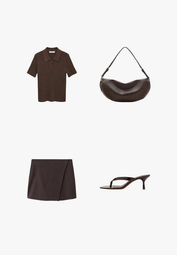 Bruine polo met korte mouwen, gemaakt van ribbelstof, met een kraag en een knoopsluiting met drie knopen. Heeft een effen kleur en een relaxte pasvorm.; Donkerbruine asymmetrische mini-rok met een lichte vooroverlapping, gemaakt van gladde stof.; Zwarte lakleren sandalen met een hiel, teenslipperbandje en een smalle, middelhoog kittenhak, van opzij getoond op een witte achtergrond.; Donkerbruine leren schoudertas met een gebogen vorm, verstelbare riem en een gouden rits langs de onderrand.