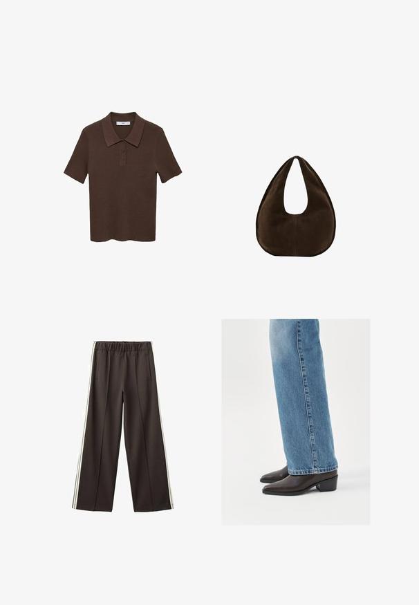 Brun T-shirt polo med korte ærmer lavet af ribbet materiale med krave og tre-knaps lukning. Har en ensfarvet design og en afslappet pasform.; Sorte bukser med vide ben, der har elastisk talje, sidelommer og hvide sidelister. Glat stof med en skræddersyet pasform.; Brune læderankelstøvler med spids tå og blokhæl, parret med lysblå lige ben jeans, der fremviser et rent og enkelt design.; Mørkebrun ruskind skuldertaske formet som en halvmåne med en bred rem og glat tekstur på en hvid baggrund.