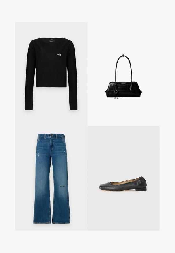Čierny dlhý rukáv crop top vyrobený z bavlny s okrúhlym výstrihom a bielou vyšitou logom "GAP" na hrudi. Hladká textúra.; Modré denimové široké nohavice s vyblednutou textúrou, s dvoma poškodenými miestami na prednej strane, s uzatváraním na gombík a dizajnom s piatimi vreckami.; Čierne kožené baletky s okrúhlou špičkou a minimálnym šitím. Nízky, obdĺžnikový podpätok a hladká textura. Diskrétny detail podšívky vnútri.; Čierna kožená kabelka na rameno s krokodílou štruktúrou, dlhými remienkami a malým strieborným príveskom s logom na jednom remienku.