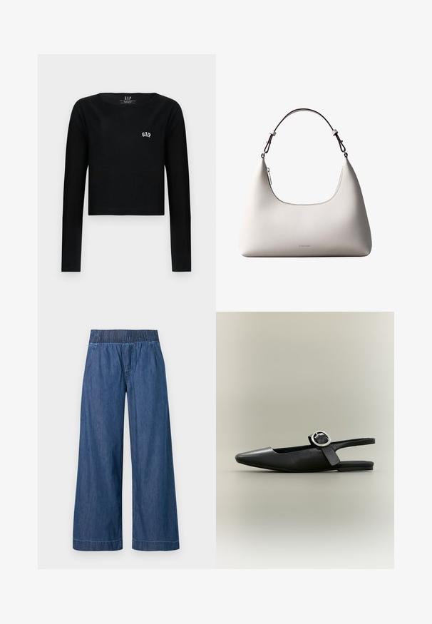 Sort langærmet crop top i bomuld med rund halsudskæring og hvid broderet "GAP" logo på brystet. Glat tekstur.; Blå denimbukser med brede ben, elastisk talje og diskrete frontsyninger på ensfarvet baggrund.; Sort spids flat slingback-sko med sølv spænde og lav hæl på en neutral baggrund.; Cremefarvet skuldertaske i læder fra Calvin Klein med buet topkant, sølvfarvet lynlås og mørkebrun justerbar rem.