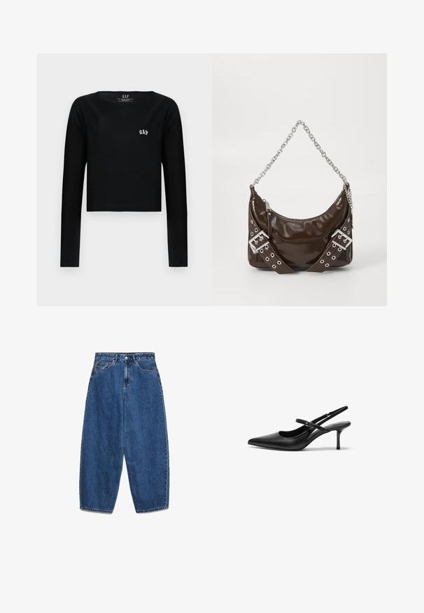Sort langærmet crop top i bomuld med rund halsudskæring og hvid broderet "GAP" logo på brystet. Glat tekstur.; Blå denimjeans med høj talje, afslappet pasform og lige ben. Klassisk design med fem lommer, lynlås og knaplukning.; Sorte læder slingback hæle med spids tå, slank justerbar rem og en stiletto hæl på cirka 5 cm, glat tekstur.; Mørkebrunt patentlæder håndtaske med sølv kæderekke, dekorerede dobbelte spænder og lynlås lukning.