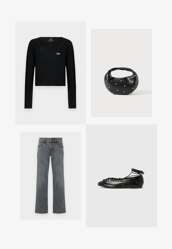 Sort langærmet crop top i bomuld med rund halsudskæring og hvid broderet "GAP" logo på brystet. Glat tekstur.; Grå denimjeans med lige ben, lynlås og knap foran samt fem-lomme-design, vist mod en hvid baggrund.; Sorte balletflade sko i laklæder med rundet tå, snørelukning og flad sål. Glat tekstur med få detaljer.; Sort læderhåndtaske med en rundet form, dekoreret med sølvnitter, og et kort håndtag. Glat tekstur og lynlåslukning.