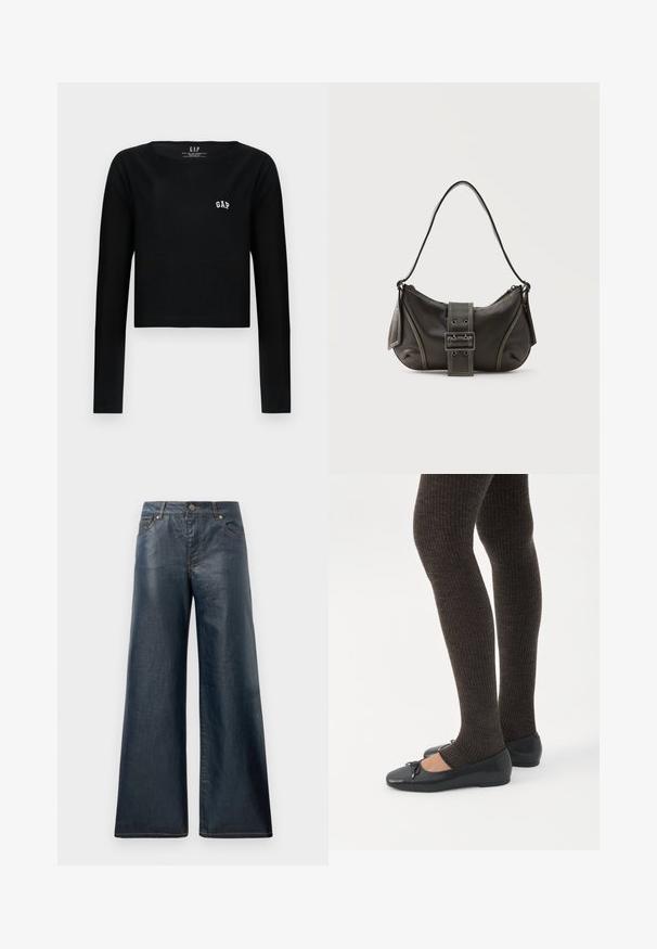 Zwarte lange mouwen crop top van katoen met een ronde halslijn en geborduurd "GAP" logo in het wit op de borst. Gladde textuur.; Wijdvallende denim jeans in donkerblauw, met vijf zakken, een sluiting met een knoop aan de voorkant en contrasterende stiksels langs de naden.; Benen met donkere geribbelde leggings gecombineerd met zwarte ballerina's met kleine strikdetails op een witte achtergrond.; Zwarte leren schoudertas met gespsluiting aan de riem, afgeronde hoeken en contrasterende witte stiksels op een effen achtergrond.