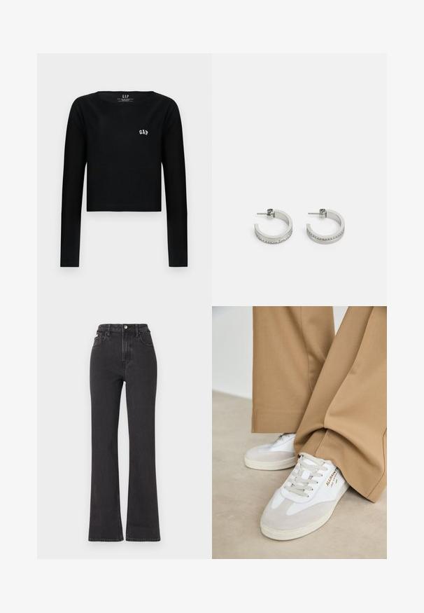 Sort langærmet crop top i bomuld med rund halsudskæring og hvid broderet "GAP" logo på brystet. Glat tekstur.; Sorte højtaljede flagrende jeans lavet af denim, med knaplukning, bæltestropper og sidelommer. Glat tekstur med minimal falming.; Hvide sneakers med ruskinddetaljer, strukturerede snørebånd og gummisål. Kombineret med løse, brune bukser. Logoet er vist på siden.; Sølvøreringe i hoop-stil med en glat overflade og en række små klare sten langs den nederste kant, med en post-back lukning.