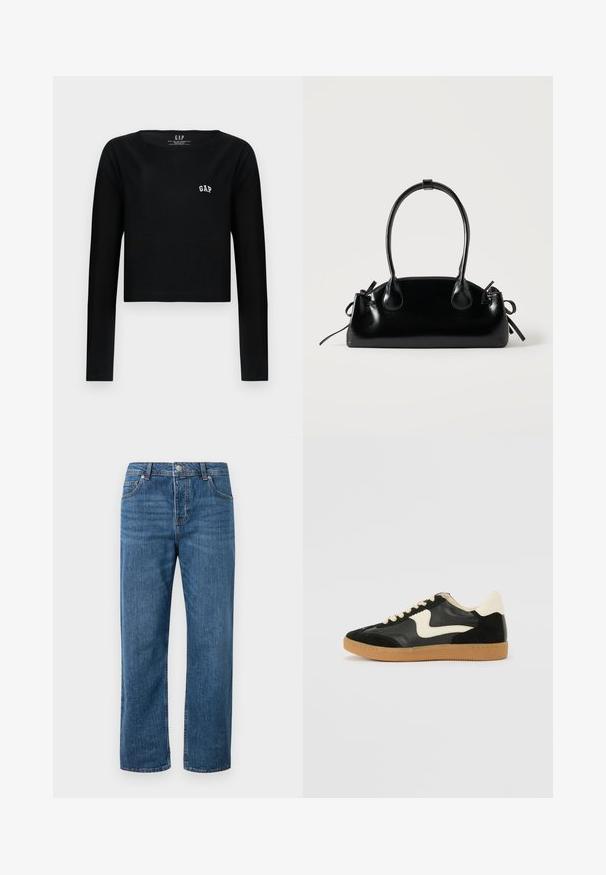 Sort langærmet crop top i bomuld med rund halsudskæring og hvid broderet "GAP" logo på brystet. Glat tekstur.; Blå denimjeans med lige ben og høj talje. Funktioner inkluderer forlommer, knaplukning og diskrete stikninger.; Sorte ruskinds- og lædersneakers med en cremefarvet side-swoosh og lys cremefarvet hæl. Har beige snørebånd og en gummirubber-sål.; Lille sort blank håndtaske med to lange håndtag og snøre-detaljer i siden på en ensfarvet lys baggrund.