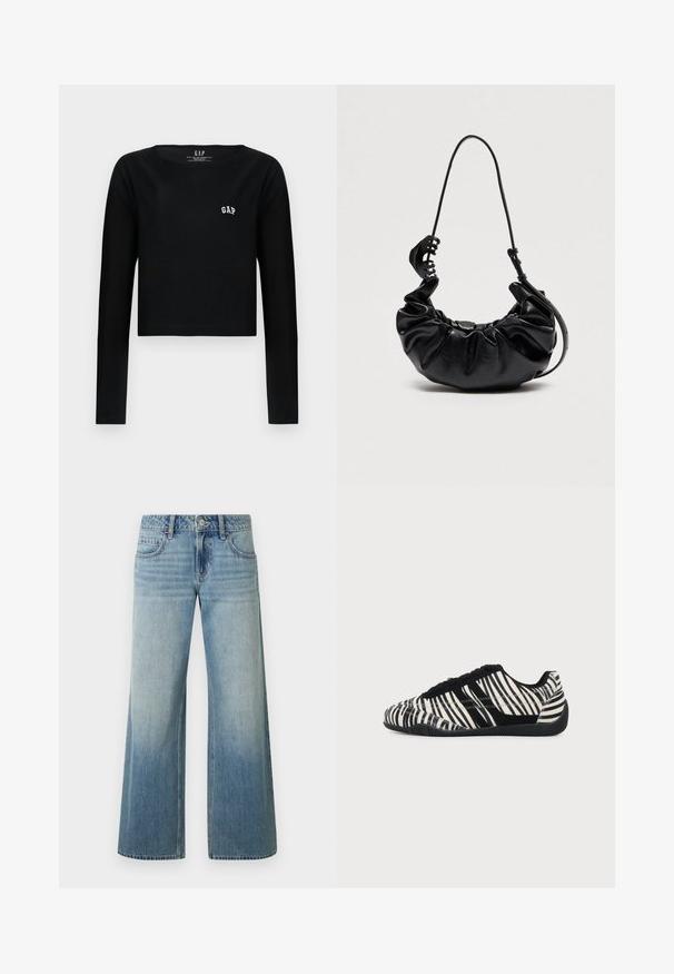 Zwarte lange mouwen crop top van katoen met een ronde halslijn en geborduurd "GAP" logo in het wit op de borst. Gladde textuur.; Lichtblauwe jeans met wijde pijpen en een vervaagde afwerking, voorzien van een knoopsluiting, vijf zakken en gestikte details langs de naden.; Zwart-witte vetersneaker met zebraprint en een gestructureerde zwarte zool op een egale lichte achtergrond.; Zwarte gerimpelde leren handtas met verstelbare schouderriem en grote zwarte haarclip bevestigd aan de riem op een effen achtergrond.