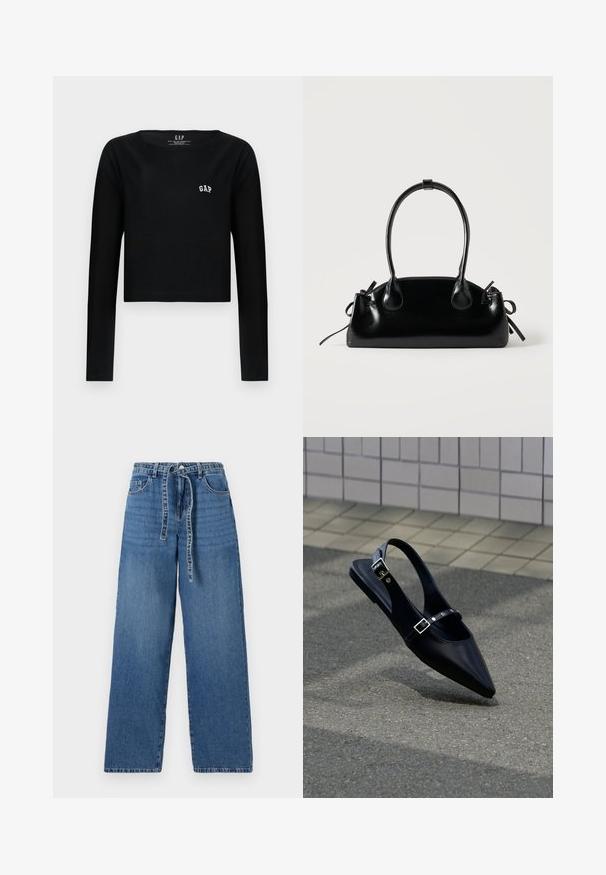 Zwarte lange mouwen crop top van katoen met een ronde halslijn en geborduurd "GAP" logo in het wit op de borst. Gladde textuur.; Lichtblauwe denim wide-leg jeans met een hoge taille, voorzien van een striksluiting, twee voorzakken en een licht vervaagd patroon.; Zwarte platte slingback met spits toelopende neus en dubbele gespsluitingen, rustend op grijs asfalt bij een achtergrond van betegelde muur.; Kleine zwarte glanzende handtas met twee lange hengsels en zijkant trekkoord details op een effen lichte achtergrond.