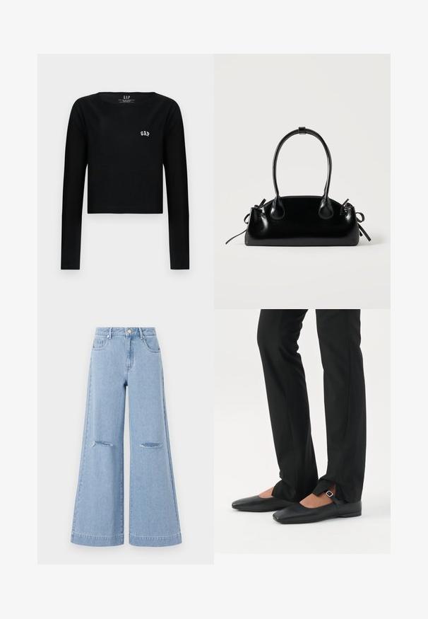 Zwarte lange mouwen crop top van katoen met een ronde halslijn en geborduurd "GAP" logo in het wit op de borst. Gladde textuur.; Lichtblauwe wijde jeans met een hoge taille, voorzien van twee voorkruiszakken en twee gescheurde knieën, gemaakt van denim.; Benen met zwarte smalle broek met voorsplitten aan de zoom, gecombineerd met zwarte platte Mary Jane-schoenen met een klein gespje.; Kleine zwarte glanzende handtas met twee lange hengsels en zijkant trekkoord details op een effen lichte achtergrond.