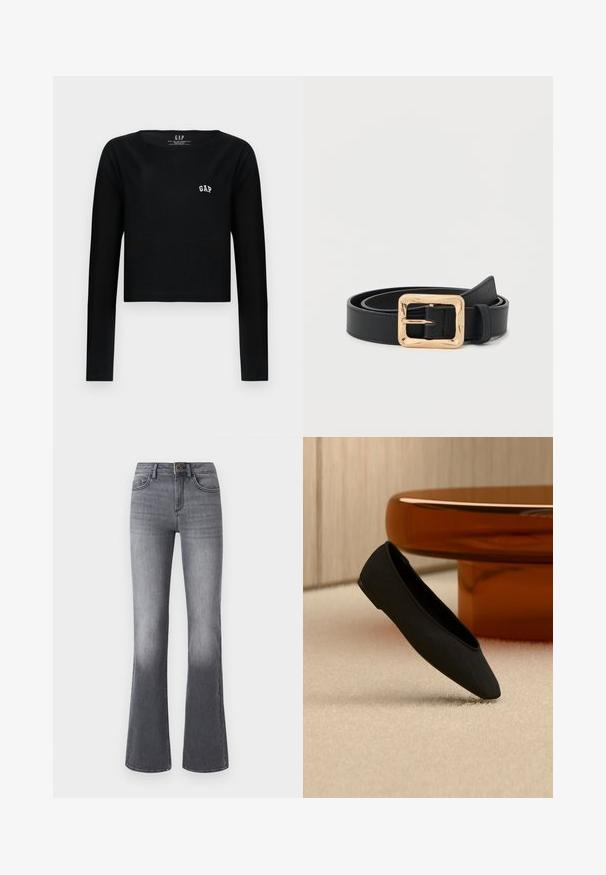 Zwarte lange mouwen crop top van katoen met een ronde halslijn en geborduurd "GAP" logo in het wit op de borst. Gladde textuur.; High-waisted flared jeans in donkergrijze denim, met voorzakken, een knoopsluiting en subtiele vervaging naar de zoom toe.; Zwarte platte schoen met punt op een beige tapijt, op de achtergrond een lage, ronde, doorschijnende amberkleurige tafel.; Zwarte leren riem met een glanzende gouden vierkante gesp, keurig opgerold op een effen witte achtergrond.