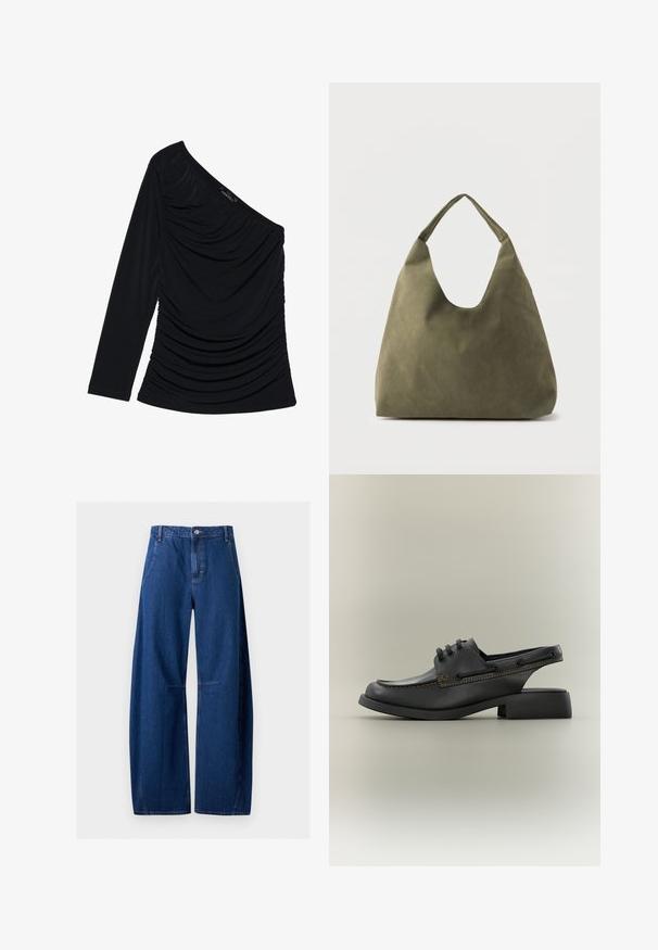 Sort langærmet top med en skulderdesign, tekstureret ruching på fronten og en glat stoffinish.; Mørkeblå jeans med høj talje og vide ben, med frontknap, lynlås, sidelommer og syninger ved knæene.; Sort læderhybridsko med snørelukning foran, åben bagrem, firkantet tå og lav blokhæl mod en ensartet beige baggrund.; Olivengrøn skuldertaske i blødt læder med en bred, enkelt strop og en afslappet, ustruktureret form på en lys baggrund.