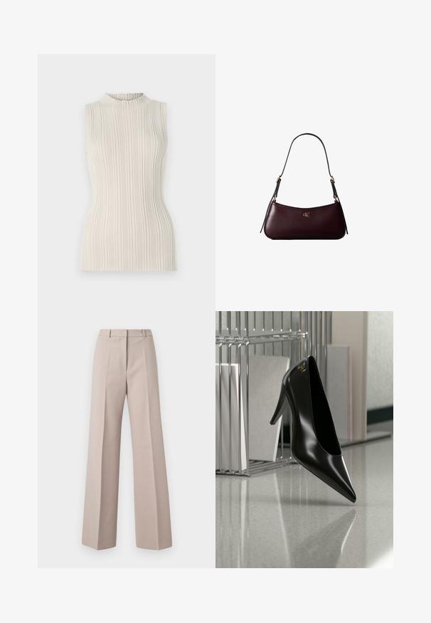 Top sin mangas en un suave beige, con una textura acanalada y un escote alto y fruncido. La silueta ajustada realza la figura.; Pantalones de pierna ancha beige, fabricados con un tejido suave, que cuentan con una cintura alta, pliegues frontales y una silueta ajustada.; Zapato de tacón alto negro con punta afilada y logo dorado, colocado sobre una superficie reflectante cerca de un organizador de archivos de alambre cromado con documentos.; Bolso de mano de cuero burdeos oscuro con una delgada correa negra para el hombro y pequeño logo dorado "cK" en el centro delantero.