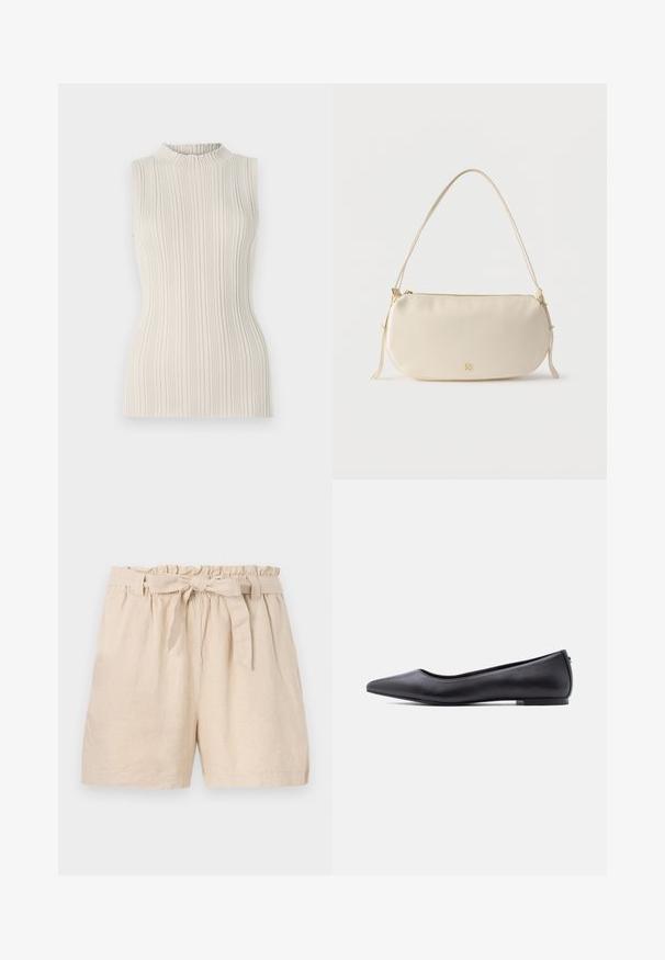 Top sin mangas en un suave beige, con una textura acanalada y un escote alto y fruncido. La silueta ajustada realza la figura.; Pantalones cortos de lino beige con una cintura elástica, dobladillo con volantes y un cinturón atado desmontable. Presentan un corte relajado y un tejido suave y texturizado.; Zapato plano de cuero negro con punta puntiaguda y tacón bajo, mostrado de perfil contra un fondo blanco.; Bolso pequeño de color crema para llevar al hombro, con una sola correa, cierre de cremallera y un sutil logo de la marca en dorado en el frontal.