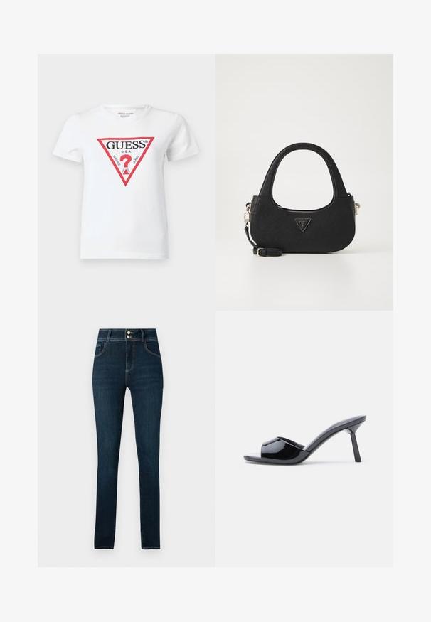 Camiseta blanca de algodón con un logo triangular rojo que incluye el texto "GUESS U.S.A." y varias fechas. Manga corta y cuello redondo.; Jeans ajustados de color azul oscuro con cinco bolsillos, cierre de cremallera y botón, y costuras en contraste, fabricados en tela de denim.; Sandalias de tacón con punta abierta de charol negro, con un diseño superior curvado y tacón de aguja cónico. Acabado liso y brillante.; Bolso de tela negro con un asa curvada, que presenta un logotipo triangular y una correa desmontable. Superficie texturizada y diseño minimalista.