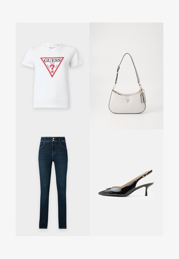 Wit katoenen T-shirt met een rood driehoekig logo met de tekst "GUESS U.S.A." en verschillende data. Korte mouwen en een ronde hals.; Donkerblauwe skinny jeans met vijf zakken, rits- en knoopsluiting, en contrasterende stiksels, gemaakt van denim stof.; Zwarte lakleren slingback hak met spitse neus, kleine kittenhak en zilveren gespsluiting op een effen witte achtergrond.; Witte handtas met textuur en een gebogen vorm, gouden hardware, een afneembare schouderriem en een logoaccent. Inclusief een sleutelhanger met merknaam.