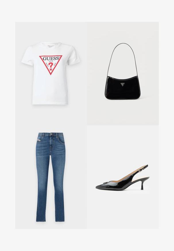 Camiseta blanca de algodón con un logo triangular rojo que incluye el texto "GUESS U.S.A." y varias fechas. Manga corta y cuello redondo.; Vaqueros de mezclilla azul con corte recto, diseño de cinco bolsillos, cierre de botón y un ligero desgastado. Textura suave y dobladillo limpio.; Tacón slingback de charol negro con puntera puntiaguda, tacón pequeño tipo kitten y correa con hebilla plateada sobre un fondo blanco liso.; Bolso de hombro de charol negro con correa delgada, logotipo triangular de Guess en el frente y cierre superior con cremallera.
