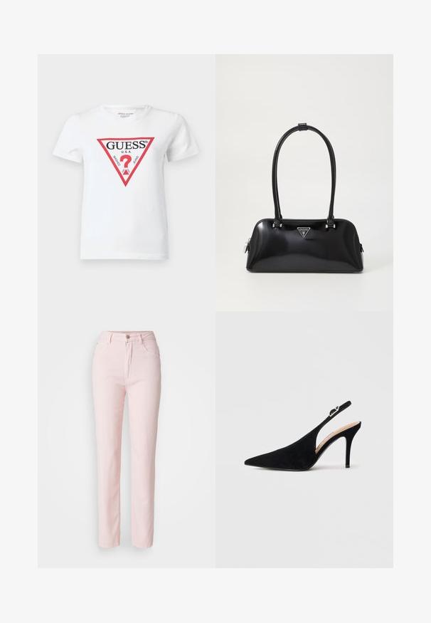 Hvid bomulds-T-shirt med en rød trekantet logo med teksten "GUESS U.S.A." og forskellige datoer. Kortærmet med rund hals.; Lys rosa denim bukser med lige ben, der har fem lommer, knaplukning og subtile syninger.; Sort ruskind slingback pumpe med spids tå og slank høj hæl på hvid baggrund.; Sort glanshandtaske med en buet silhuet, to håndtag og en frontlogo-plakette. Lynlås lukning og skinnende hardware-detaljer.