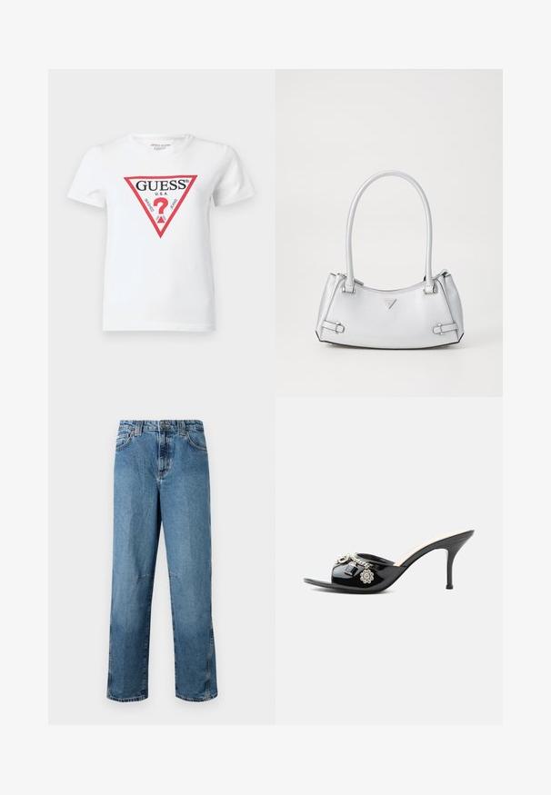 Camiseta blanca de algodón con un logo triangular rojo que incluye el texto "GUESS U.S.A." y varias fechas. Manga corta y cuello redondo.; Jeans de denim de color azul claro con corte recto, con bolsillos cosidos, cierre de botón en el frente y un desvanecimiento mínimo en la tela.; Mule de charol negro de tacón alto con punta abierta y adornos decorativos plateados, incluyendo una flor y un candado en la tira delantera.; Bolso de mano plateado con un diseño estructurado, que cuenta con dos asas, textura brillante, herrajes de acento y un logo triangular en la parte frontal.