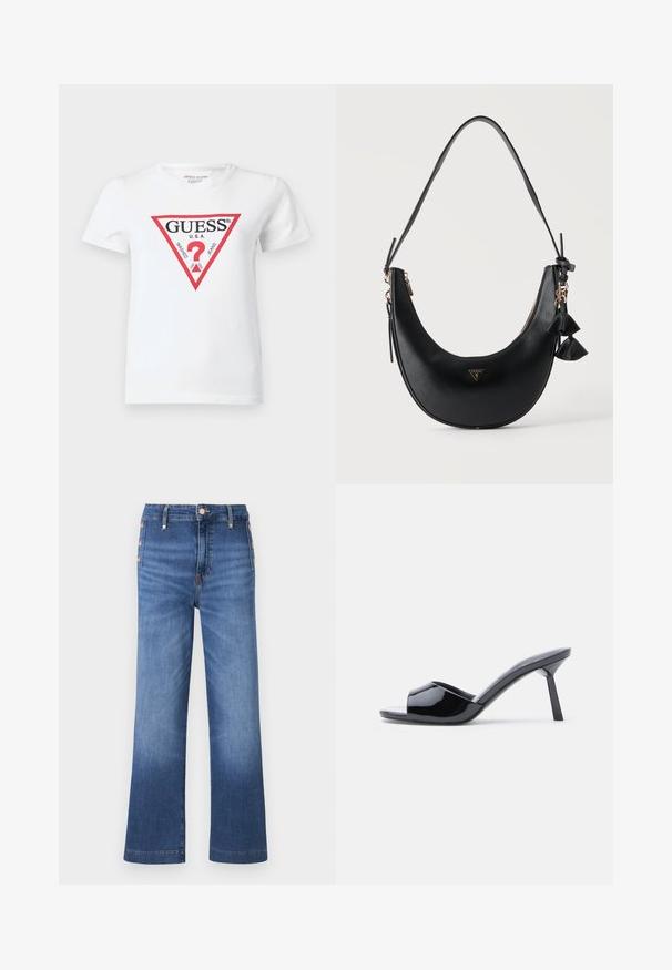 Camiseta blanca de algodón con un logo triangular rojo que incluye el texto "GUESS U.S.A." y varias fechas. Manga corta y cuello redondo.; Vaqueros de mezclilla azul de pierna ancha con detalles de botones laterales y cintura alta.; Sandalias de tacón con punta abierta de charol negro, con un diseño superior curvado y tacón de aguja cónico. Acabado liso y brillante.; Bolso bandolera negro con forma de media luna con superficie texturizada, cremallera dorada, charm con borla y pequeño logotipo triangular de Guess en el centro delantero.