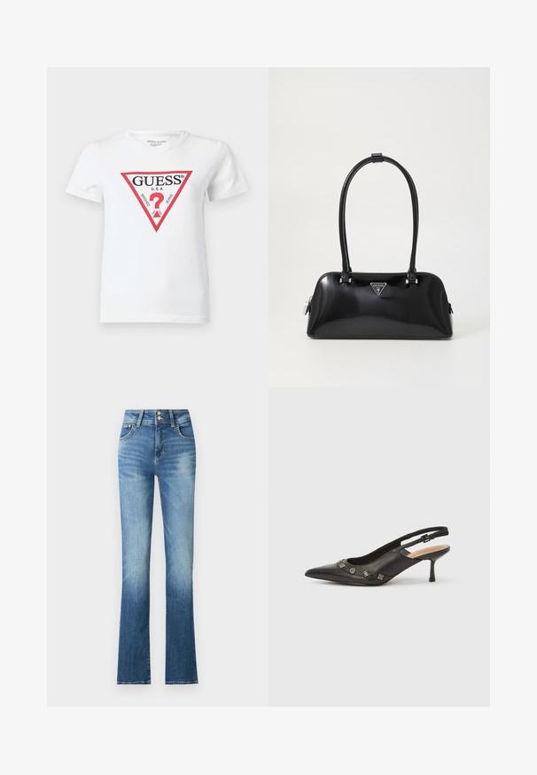 Camiseta blanca de algodón con un logo triangular rojo que incluye el texto "GUESS U.S.A." y varias fechas. Manga corta y cuello redondo.; Pantalones vaqueros acampanados de mezclilla azul con cintura alta, que presentan un ligero desvanecimiento, dos botones y bolsillos laterales. La tela tiene una textura suave.; Zapato de tacón con talón descubierto en piel negra, punta puntiaguda, tacón pequeño y detalles metálicos decorativos a lo largo de la abertura frontal. Textura lisa.; Bolso de mano negro brillante con una silueta curva, dos asas y una placa de logo en la parte frontal. Cierre de cremallera y acentos de hardware brillante.