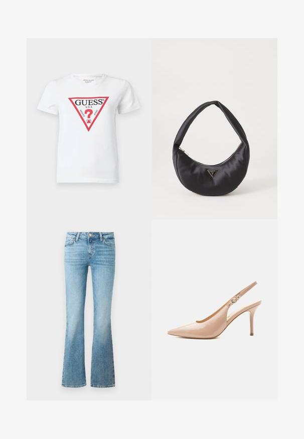 Hvid bomulds-T-shirt med en rød trekantet logo med teksten "GUESS U.S.A." og forskellige datoer. Kortærmet med rund hals.; Lysblå denimflaredragt med frontlommer, bæltesløjfer og knaplukning.; Beige laklæder højhælet slingback sko med spids tå og en lille gylden spænde-detalje på remmen.; Sort satin håndtaske med en buet form, der har en lynlåslukning og et trekantet logo i metal på forsiden. Glat tekstur og slankt design.