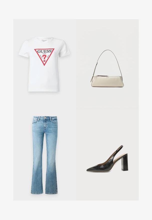 Camiseta blanca de algodón con un logo triangular rojo que incluye el texto "GUESS U.S.A." y varias fechas. Manga corta y cuello redondo.; Pantalones de mezclilla de campana en azul claro con bolsillos delanteros, pasadores para cinturón y cierre de botón.; Zapato slingback de piel negra con puntera puntiaguda, tacón alto y ancho, y forro interior beige sobre un fondo claro y liso.; Pequeño bolso de hombro de cuero beige con una correa fina y cierre de cremallera, con un logo metálico discreto en el centro del frente.