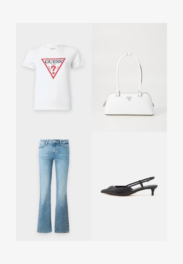 Camiseta blanca de algodón con un logo triangular rojo que incluye el texto "GUESS U.S.A." y varias fechas. Manga corta y cuello redondo.; Pantalones de mezclilla de campana en azul claro con bolsillos delanteros, pasadores para cinturón y cierre de botón.; Zapatos slingback negros con punta afilada, hechos de material suave, con un pequeño tacón y un acento decorativo plateado en el empeine.; Bolso de cuero blanco con forma curva, que presenta un logo triangular plateado y cierre de cremallera. Textura lisa y dos asas.