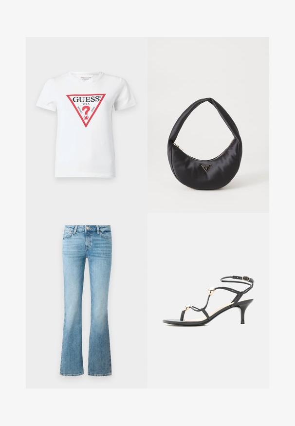 Wit katoenen T-shirt met een rood driehoekig logo met de tekst "GUESS U.S.A." en verschillende data. Korte mouwen en een ronde hals.; Lichtblauwe denim flare jeans met voorzakken, riemlussen en een knoopsluiting.; Zwarte sandaal met bandjes en een middenhoge hak, gouden accentkralen en enkelbandje met gesp op een witte achtergrond.; Zwarte satin handtas met een gebogen vorm, voorzien van een ritssluiting en een driehoekig metalen logo aan de voorkant. Gladde textuur en een slank ontwerp.
