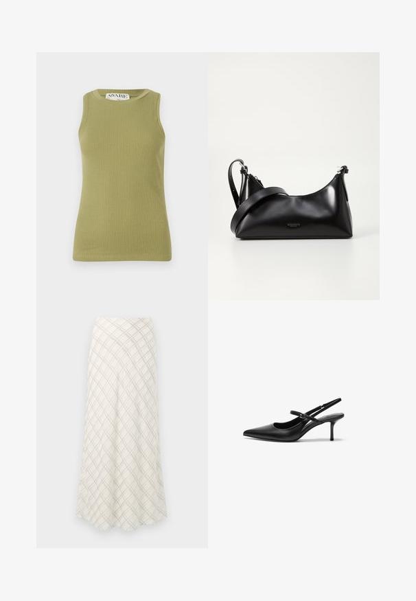 Grünes geripptes Tanktop mit Rundhalsausschnitt und ärmellosem Design. Der Stoff hat ein strukturiertes Muster und eine figurbetonte Silhouette.; Langer, cremefarbener Rock mit einem diagonalen Karomuster in Grau. Fließendes Design mit einer glatten Textur, das zur Säume hin ausläuft.; Schwarze Leder Slingback-Absätze mit einer spitzen Zehenform, schmalem verstellbarem Riemen und einem etwa 5 cm hohen Stiletto-Absatz, glatte Textur.; Schwarze lederne Handtasche mit glatter Textur. Verfügt über einen verstellbaren Riemen und ein elegantes, minimalistisches Design mit einem Reißverschluss.
