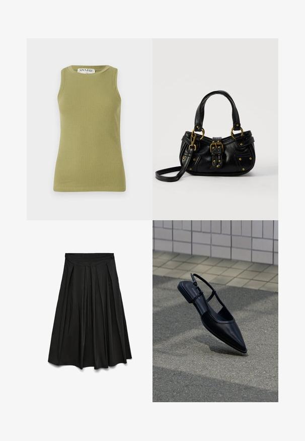 Grünes geripptes Tanktop mit Rundhalsausschnitt und ärmellosem Design. Der Stoff hat ein strukturiertes Muster und eine figurbetonte Silhouette.; Schwarzer plissierter Midi-Rock mit hohem Bund, ausgestellter Silhouette und weicher Stoffstruktur.; Schwarzer, spitz zulaufender Slingback-Flachschuh, der über einer Asphaltfläche neben einem gefliesten Bürgersteig schwebt.; Schwarze Lederhandtasche mit goldener Schnalle und Nieten, kurzen Griffen und einem verstellbaren Schultergurt vor einem schlichten weißen Hintergrund.