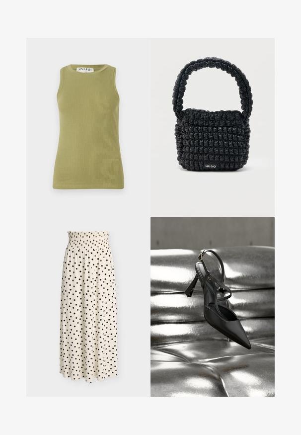Grøn, ribbet tanktop med rund halsudskæring og ærmeløs design. Stoffet har et struktureret mønster med en tætsiddende silhuet.; Midi-nederdel i cremefarve med sorte polkaprikker og en strækbar, rynket talje, vist på en ensfarvet baggrund.; Sort højhælet sko med spids tå og åben hæl. Har tynd ankelrem og tekstureret sål. Elegant, minimalistisk design fremhævet af en skinnende metallisk baggrund.; Lille sort quiltet håndtaske med kort polstret håndtag og "HUGO" mærke på forsiden, vist mod en ensfarvet lys baggrund.