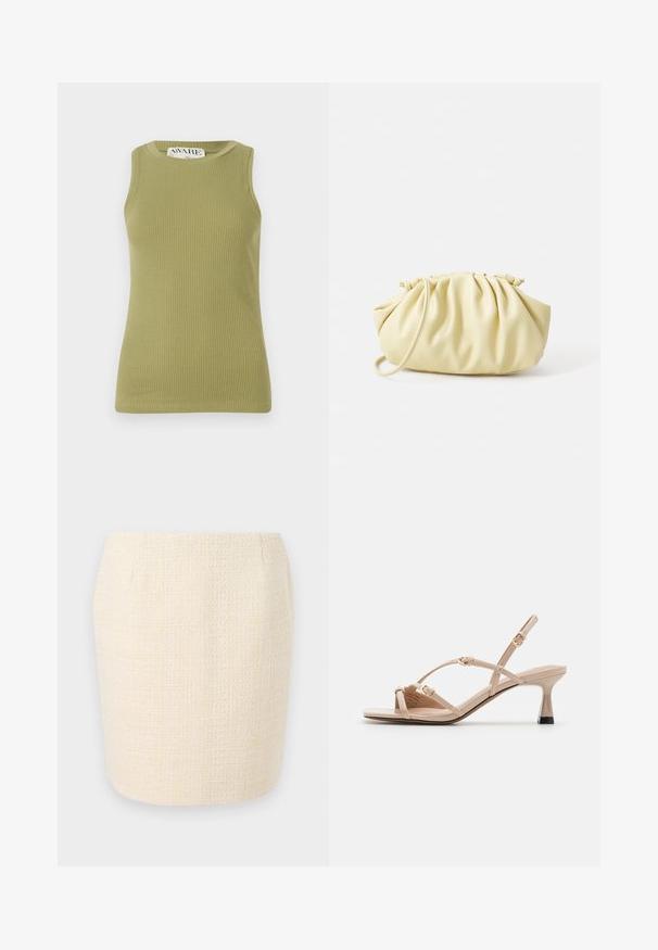 Grøn, ribbet tanktop med rund halsudskæring og ærmeløs design. Stoffet har et struktureret mønster med en tætsiddende silhuet.; Vævet cremefarvet blyantskirt med en tekstureret overflade, der har en lige silhuet og subtile lodrette linjer gennem hele skørtet.; Call it Spring DIANAH - Sandaler - other beige; Gul plisseret håndtaske lavet af glat kunstlæder, med en blød form, en enkelt skulderrem og samlet topdesign.