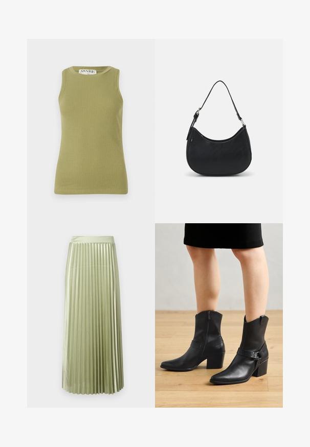 Top de tirantes verde con cuello redondo y diseño sin mangas. La tela presenta un patrón texturizado con una silueta ajustada.; Falda midi plisada en satén verde claro con una textura suave. Cintura ajustada, cae hasta la mitad de la pantorrilla, con pliegues verticales uniformes en toda la prenda.; Botines de cuero negro con punta afilada, cierre de cremallera, tacón curvado y una correa decorativa con detalles metálicos.; Bolso hobo negro hecho de cuero suave con una silueta curva, que cuenta con una sola correa ajustable y detalles de diseño minimalistas.