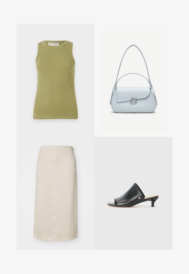 Grøn, ribbet tanktop med rund halsudskæring og ærmeløs design. Stoffet har et struktureret mønster med en tætsiddende silhuet.; Beige blyantskørt med en glat tekstur, knælangt design og en skjult lynlås bagpå til lukning. Minimalistisk stil, uden mønstre.; Sorte læder open-toe mules med en lav hæl. Har en glat overflade og et guld logo-prim på siden.; Lyseblå lædertaske med rundet flap, sølvfarvet cirkulært lås og to skulderstropper mod en ensfarvet baggrund.
