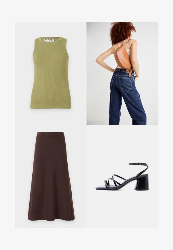 Grøn, ribbet tanktop med rund halsudskæring og ærmeløs design. Stoffet har et struktureret mønster med en tætsiddende silhuet.; Brun A-line nederdel lavet af glat stof, med en tætsiddende talje og en flagrende kant, uden synlige mønstre eller pynt.; Sort damesandal med blokhæl, tre tynde remme over tæerne og ankelrem med sølvspænde på hvid baggrund.; Brun læder rygsæk med et unikt buet design. Båret diagonalt, parret med højlivet blå denimjeans med gul syning.