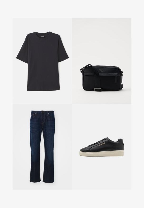 Marineblaue gerippte Kurzarm-T-Shirt mit Rundhalsausschnitt, versehen mit einem dezenten Logo auf der unteren rechten Seite. Weicher Stoff, lässige Passform.; Dunkelblaue Jeans aus Denim mit geradem Schnitt, Fünf-Taschen-Design und auffälligen Nähdetails. Der Stoff hat eine glatte Textur.; Schwarze Leder-Sneaker mit glatter Oberfläche, kontrastierender cremefarbener Sohle, abgerundeter Spitze, goldfarbenem Logo an der Seite und sechs Ösen für die Schnürsenkel.; Schwarze Nylon-Schultertasche mit einem kontrastierenden Riemen, schlanker rechteckiger Form, Logo-Detail und einer Reißverschlusstasche auf der Vorderseite.