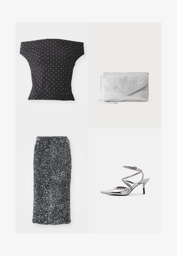 Čierny off-shoulder top vyrobený z pružnej látky, s bielymi bodkami, so priliehavým strihom a mäkkou textúrou.; Sukňa ceruzka z flitrov v tmavosivej farbe s priliehavým strihom. Povrch pokrytý trblietavými, guľatými flitrami pre textúrovaný vzhľad.; Strieborná vysoká podpätková topánka so špicatou špičkou, členkovým remienkom a dekoratívnymi striebornými guľôčkami na remienkoch a okrajoch na bielom pozadí.; Strieborné sieťované večerné psaníčko s klopou v tvare obálky a tenkým retiazkovým remienkom na jednoduchom bielom pozadí.