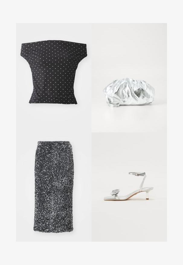 Čierny off-shoulder top vyrobený z pružnej látky, s bielymi bodkami, so priliehavým strihom a mäkkou textúrou.; Sukňa ceruzka z flitrov v tmavosivej farbe s priliehavým strihom. Povrch pokrytý trblietavými, guľatými flitrami pre textúrovaný vzhľad.; Strieborné kovové sandále s nízkym podpätkom, pätkovým remienkom a kvetinovým akcentom na strapci; hladká textúra a elegantný dizajn zvýrazňujú ich vzhľad.; Metalická strieborná kabelka na rameno s mäkkým, zbieraným telom a tenkým ramenným popruhom. Má hladký, lesklý povrch a okrúhly tvar.