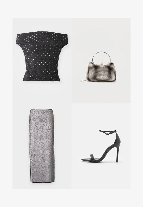 Čierny off-shoulder top vyrobený z pružnej látky, s bielymi bodkami, so priliehavým strihom a mäkkou textúrou.; Dlhá, priliehavá sukňa z priesvitnej strieborné látky s jemným vzorom a trblietavými akcentmi. Je vybavená čiernym pásom a lemom.; Čierne sandále na vysokom podpätku s otvorenou špičkou, tenkými remienkami a prackou na členku. Hladká kožená textúra s dizajnom so špicatou špičkou.; Malá kabelka so vzorom striebornej mriežky, zahnutým uchom, veľkou perlovou sponou a tenkým strieborným reťazovým remienkom na obyčajnom pozadí.