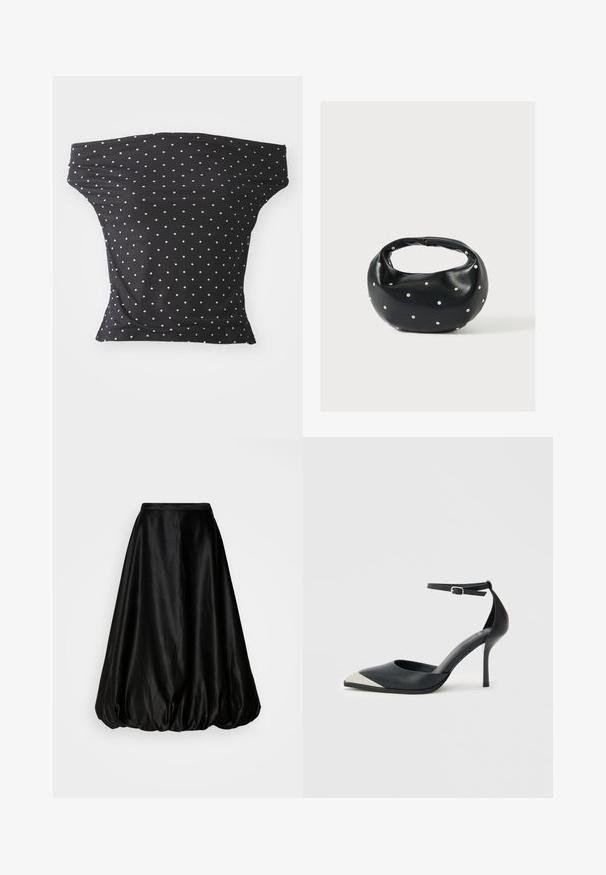 Čierny off-shoulder top vyrobený z pružnej látky, s bielymi bodkami, so priliehavým strihom a mäkkou textúrou.; Čierna saténová midi sukňa s objemným, balónovým strihom. Hladká textúra a priliehavý pás, navrhnuté pre plynulú siluetu.; Čierna lodička na vysokom podpätku so špicatou špičkou, striebornou kovovou špičkou a remienkom na členku so zapínaním na pracku na bielom pozadí.; Čierna kožená kabelka s zaobleným tvarom, zdobená striebornými cvočkami a krátkym rúčkou. Hladká textúra a zapínanie na zips.