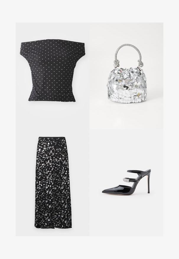 Čierny off-shoulder top vyrobený z pružnej látky, s bielymi bodkami, so priliehavým strihom a mäkkou textúrou.; Čierna sukňa so strieborným flitrovým vzorom. Má priamy strih a rozparok vpredu, ktorý vytvára lesklú textúru.; Čierne lakované lodičky na vysokom podpätku s špicatou špičkou, s dvoma pásikmi cez nohu, z ktorých jeden je zdobený kryštálmi, na bielom pozadí.; Okrúhla strieborná kabelka pokrytá reflexnými flitrami, vybavená opletenou rukoväťou a malým logom na prednej strane. Celkový hladký povrch.