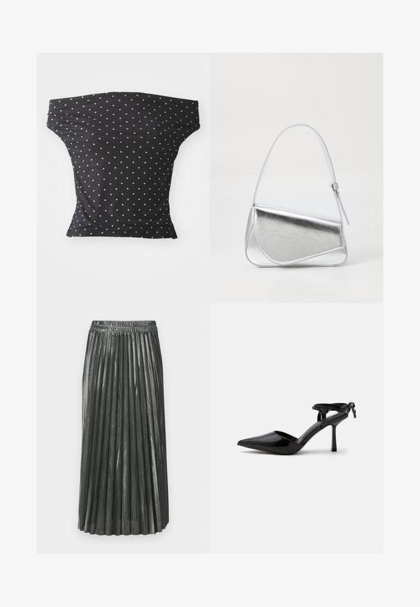 Čierny off-shoulder top vyrobený z pružnej látky, s bielymi bodkami, so priliehavým strihom a mäkkou textúrou.; Metalická zelená plisovaná sukňa s elastickým pásom. Obsahuje úzke, vertikálne plisovanie a strednú dĺžku, čím vytvára štruktúrovanú siluetu.; Čierne lakované topánky na vysokom opätku so špicatou špičkou a remienkom okolo členku zviazaným na uzol vzadu, zobrazené na jednoliatom bielom pozadí.; Strieborná kovová kabelka s trojuholníkovým tvarom, hladkým povrchom a tenkým, nastaviteľným ramenným popruhom. Má preklápací dizajn s prešitím.