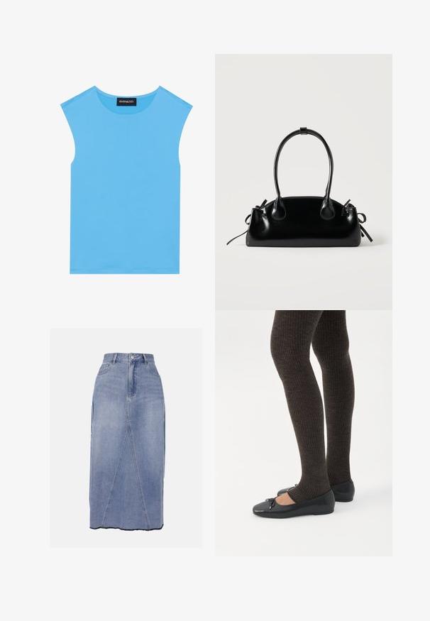 Top sans manches bleu en tissu lisse, avec un col rond et des lignes épurées, sans embellissements ni motifs supplémentaires.; Jupe midi en denim bleu clair, dotée d'une taille haute, de coutures frontales et d'un ourlet irrégulier avec des bords bruts pour une finition texturée.; Jambes portant des leggings côtelés foncés associés à des ballerines noires avec de petits détails en nœud sur fond blanc.; Petit sac à main noir brillant avec deux longues anses et des détails à cordon sur les côtés sur un fond clair uni.
