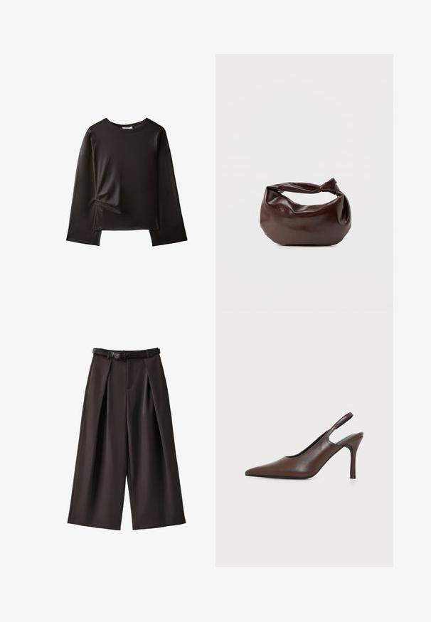 Chemise noire à manches longues avec un col rond et un petit détail froncé sur le côté gauche près de la taille.; Pantalon large marron foncé coupé court avec plis et ceinture assortie sur fond uni.; Chaussure à talon haut slingback en cuir marron à bout pointu avec talon stiletto fin sur fond clair uni.; Sac bandoulière en cuir marron foncé avec une forme souple et décontractée et une anse nouée torsadée sur un fond blanc uni.