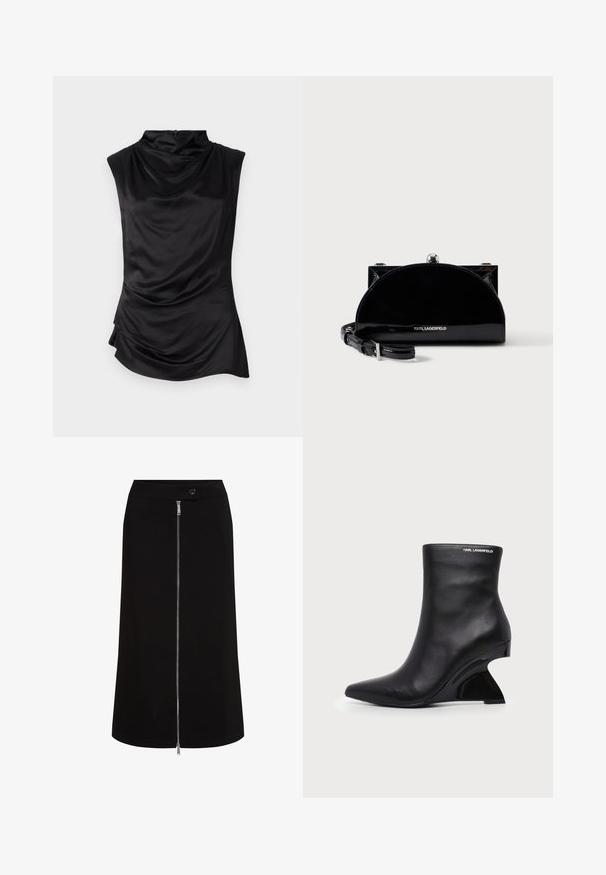 Top sans manches noir en tissu lisse, présentant un col drapé, un ourlet asymétrique et un détail de fronces subtil sur le côté.; Jupe midi noire avec une fermeture éclair argentée à l'avant s'étendant de la taille à l'ourlet et un rabat de ceinture boutonné.; Bottine en cuir noir avec talon sculpté incurvé et logo Karl Lagerfeld près du bord supérieur sur fond blanc.; Pochette noire brillante en forme de demi-lune avec fermoir à cadre argenté et bandoulière ajustable, siglée du logo Karl Lagerfeld à l'avant.